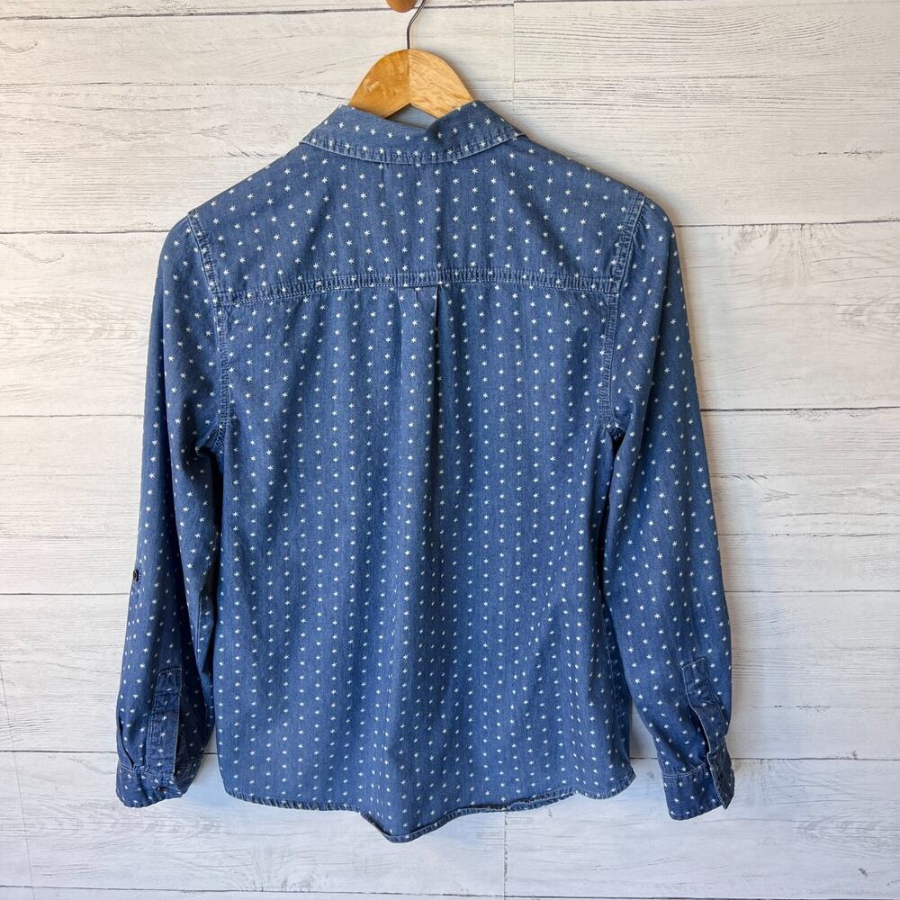 Chicos Shirt Womens Size 0/S Spacey Dot Cozmo Chambray Denim Long Sleeve Cotton - Picture 12 of 16